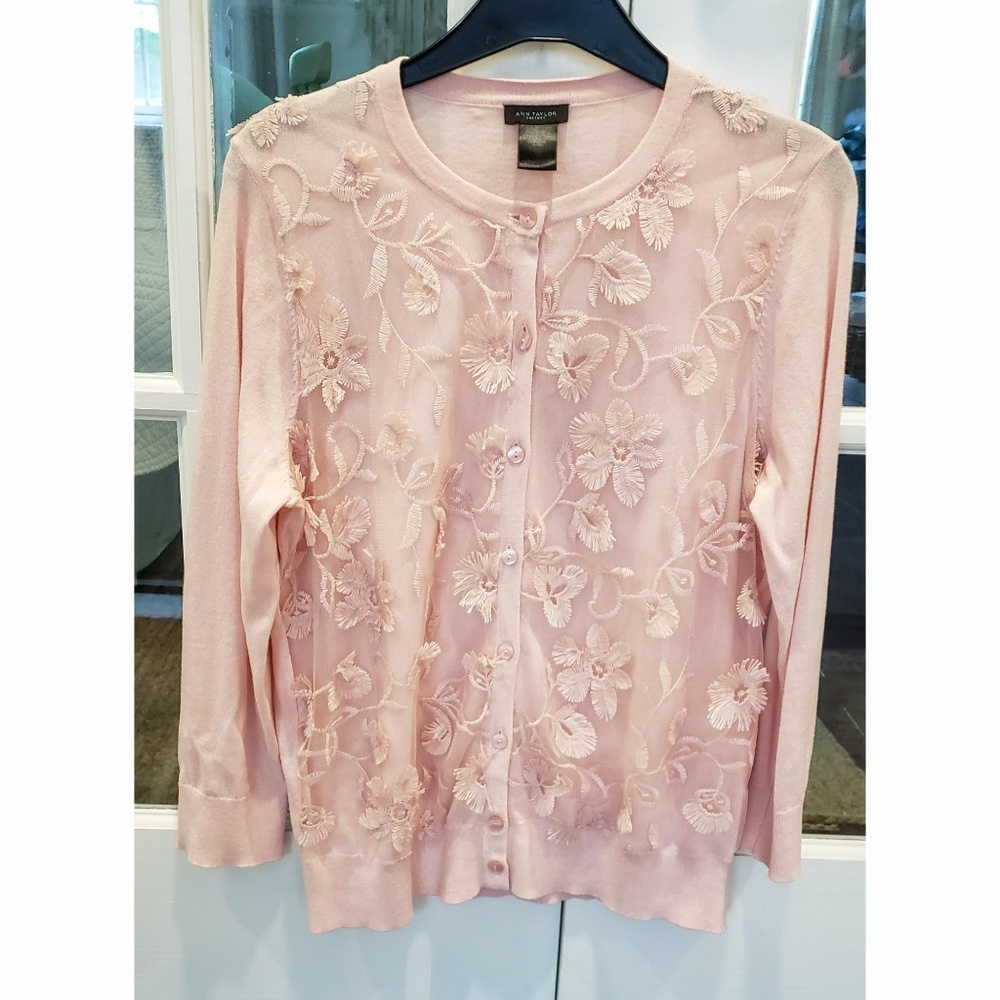 Ann Taylor Embroidered Floral Button Up Cardigan